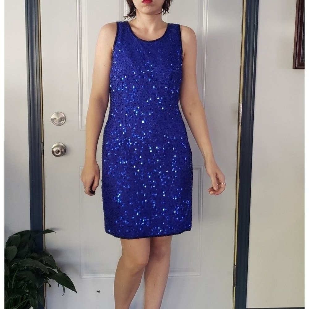 90s Blue Silk Sequin Covered Party Dress‎